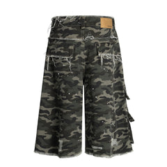 CapCabin Camo Distressed Utility Denim Shorts