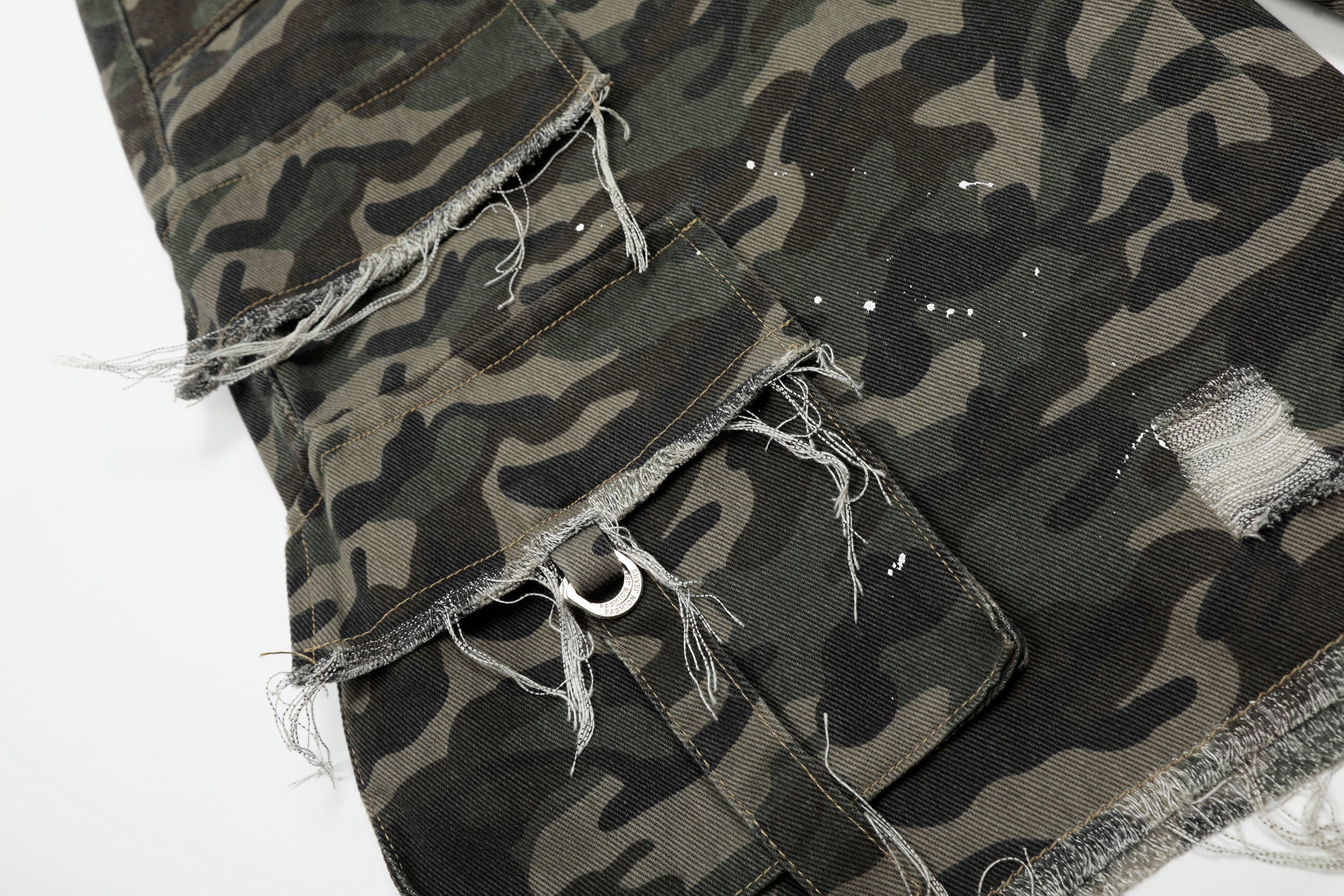 CapCabin Camo Distressed Utility Denim Shorts