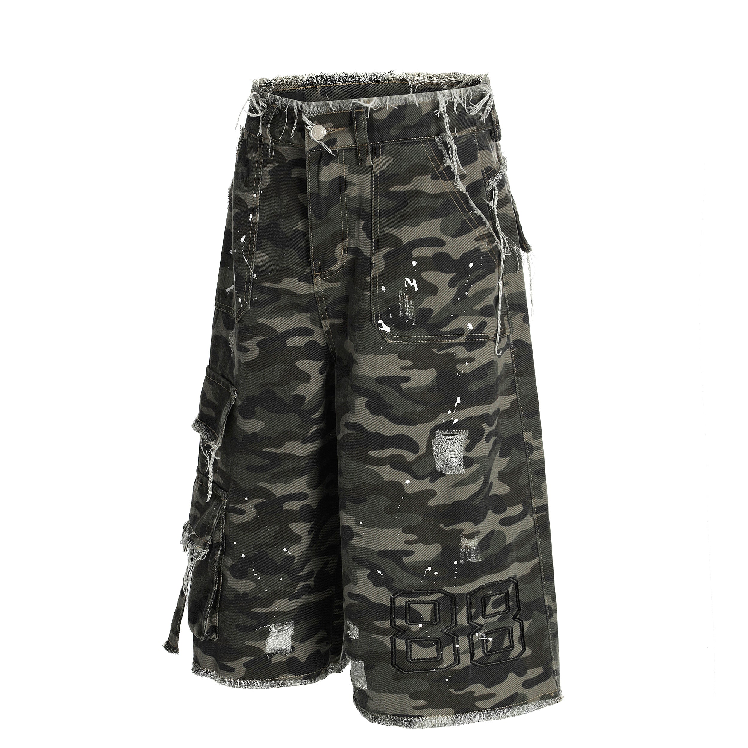 CapCabin Camo Distressed Utility Denim Shorts